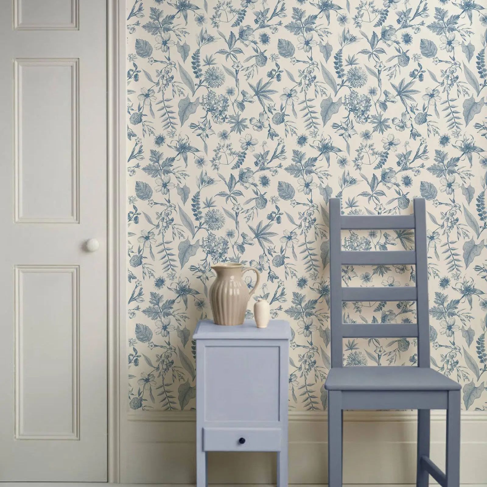 Herbal Wallpaper - Toile boerderij grillig behang, blauw en