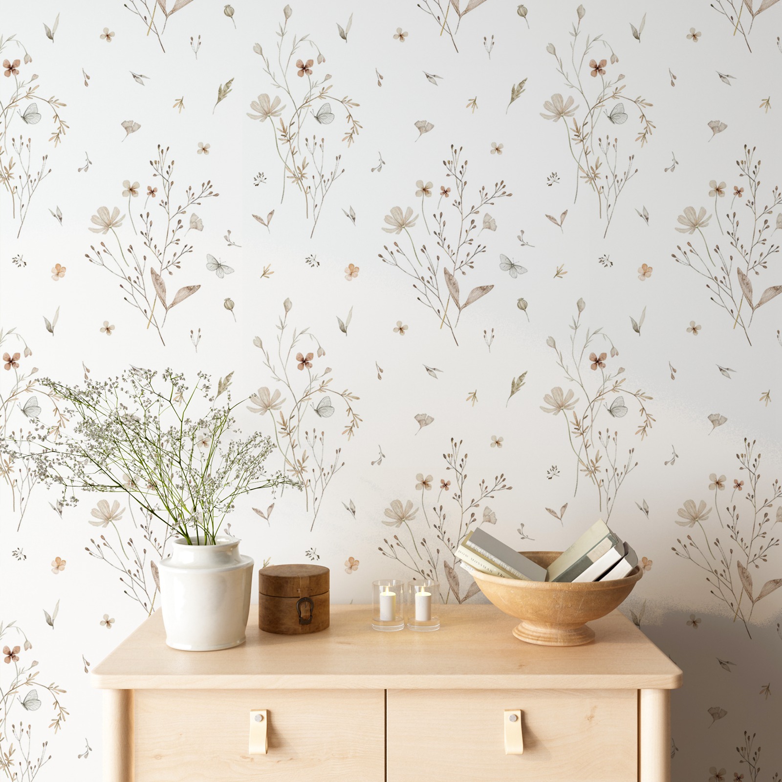Herbal Wallpaper - Verse bloemenbehang, neutraal weidebloemenbehang, handgetekende bloemenmuurschildering,