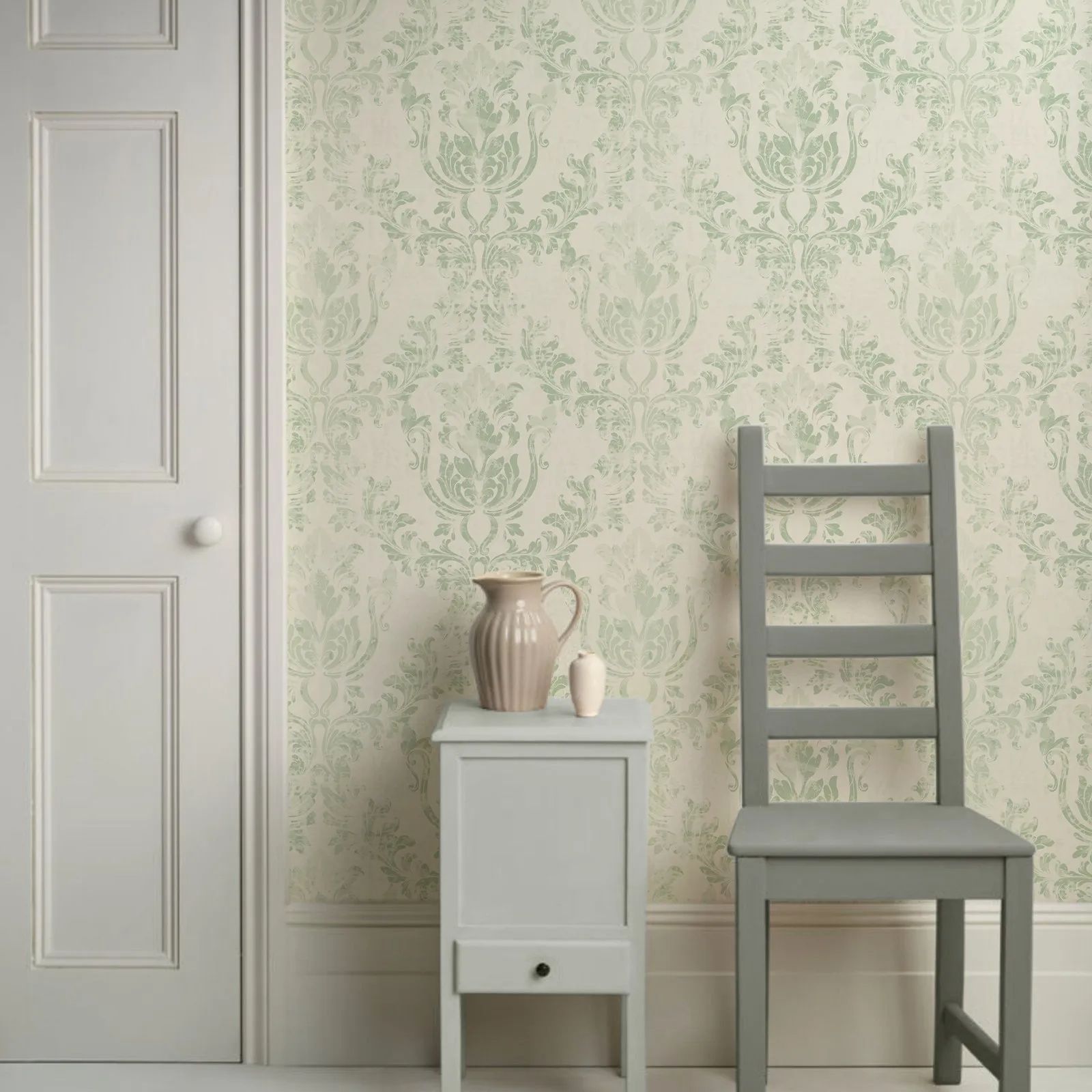 Herbal Wallpaper - Vintage groene damast behangrol, schil en