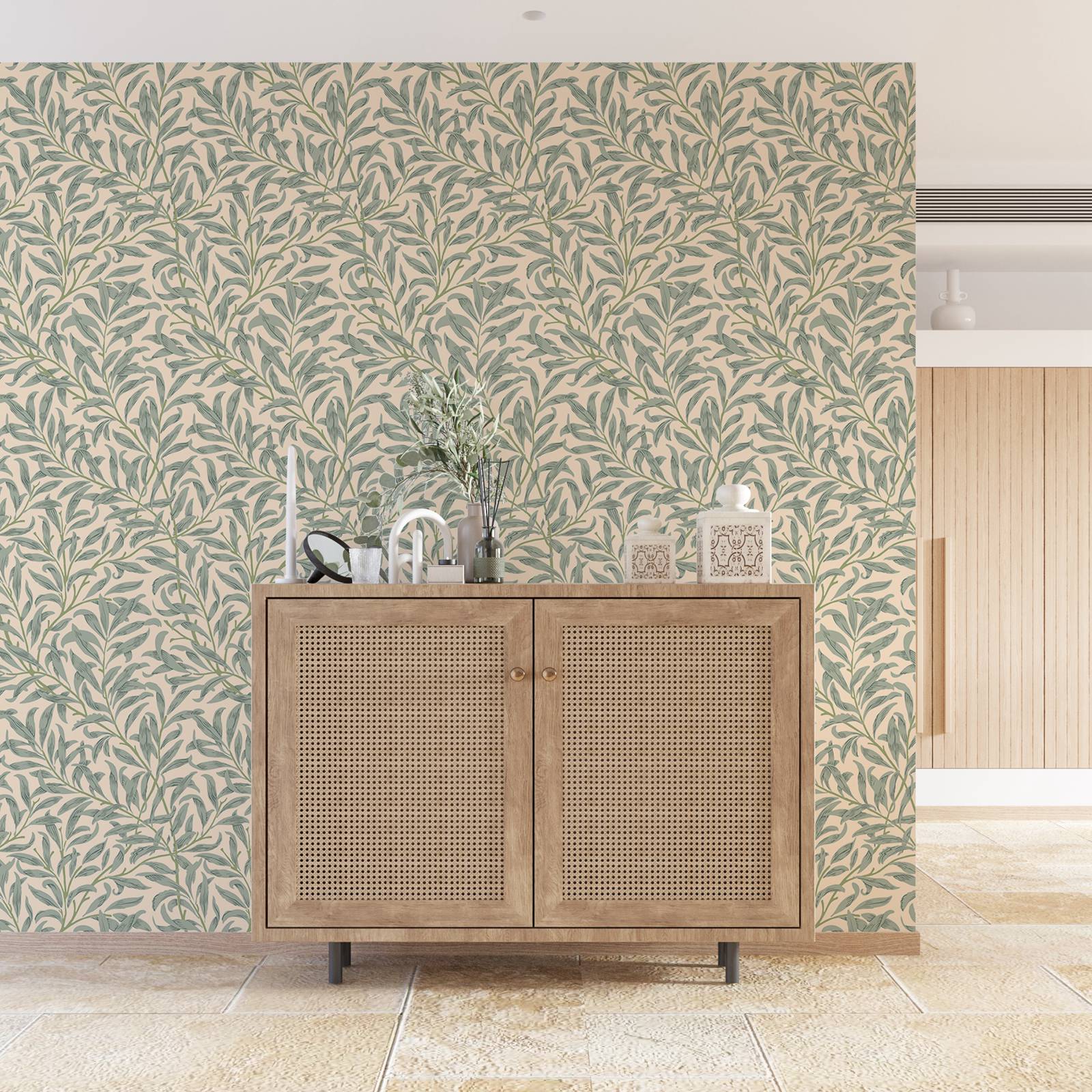 Groen bladbehang, beige kleur  - Herbal Wallpaper recensie en prijs